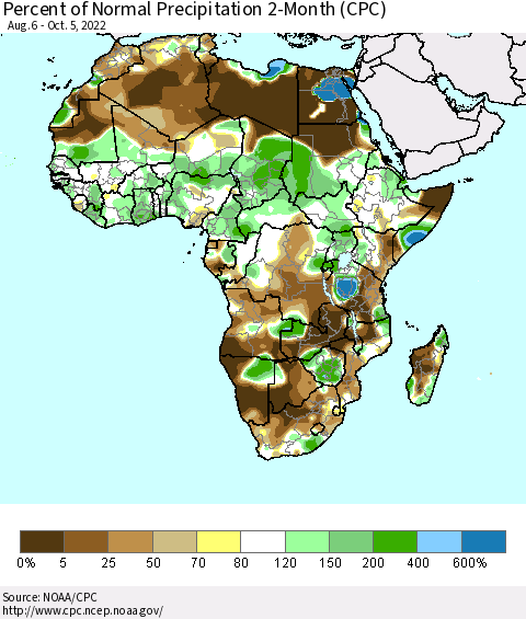 Africa Percent of Normal Precipitation 2-Month (CPC) Thematic Map For 8/6/2022 - 10/5/2022