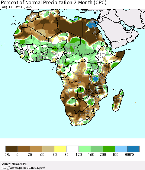 Africa Percent of Normal Precipitation 2-Month (CPC) Thematic Map For 8/11/2022 - 10/10/2022