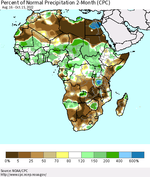 Africa Percent of Normal Precipitation 2-Month (CPC) Thematic Map For 8/16/2022 - 10/15/2022
