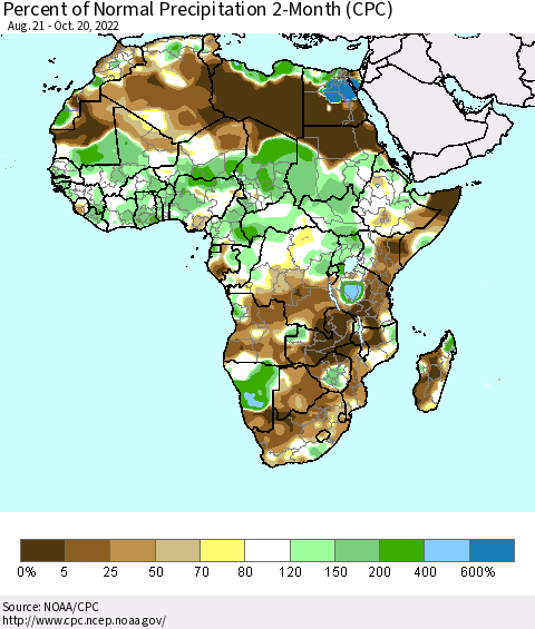 Africa Percent of Normal Precipitation 2-Month (CPC) Thematic Map For 8/21/2022 - 10/20/2022