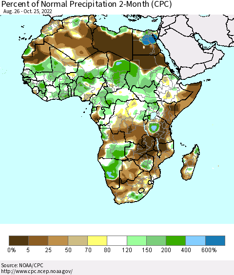 Africa Percent of Normal Precipitation 2-Month (CPC) Thematic Map For 8/26/2022 - 10/25/2022