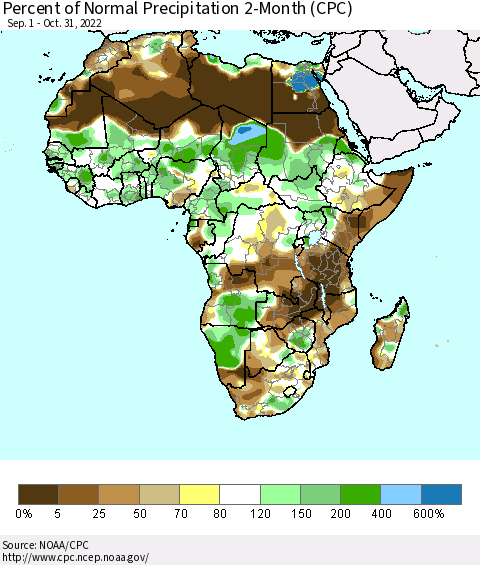 Africa Percent of Normal Precipitation 2-Month (CPC) Thematic Map For 9/1/2022 - 10/31/2022