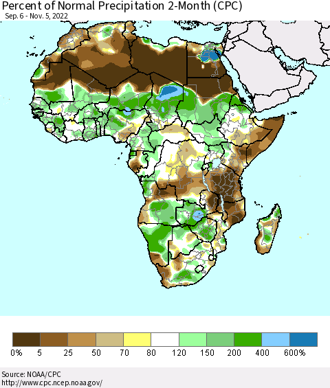 Africa Percent of Normal Precipitation 2-Month (CPC) Thematic Map For 9/6/2022 - 11/5/2022