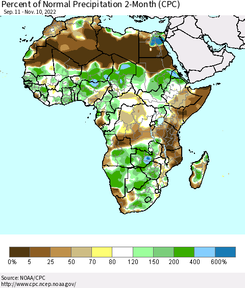 Africa Percent of Normal Precipitation 2-Month (CPC) Thematic Map For 9/11/2022 - 11/10/2022