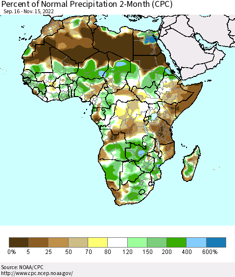 Africa Percent of Normal Precipitation 2-Month (CPC) Thematic Map For 9/16/2022 - 11/15/2022