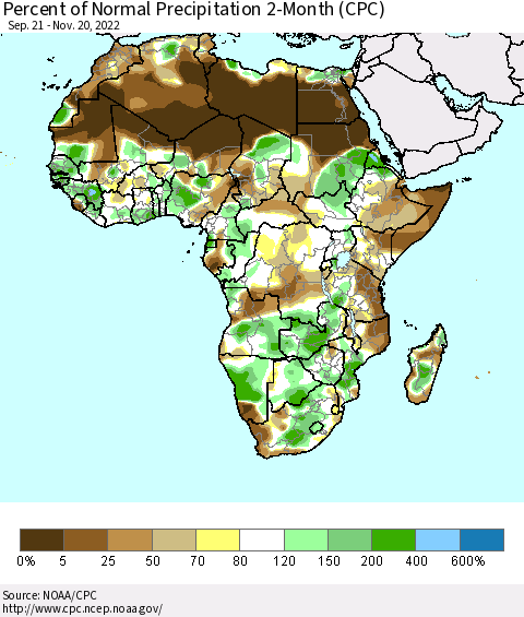 Africa Percent of Normal Precipitation 2-Month (CPC) Thematic Map For 9/21/2022 - 11/20/2022