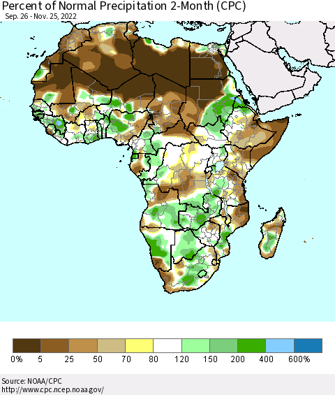 Africa Percent of Normal Precipitation 2-Month (CPC) Thematic Map For 9/26/2022 - 11/25/2022