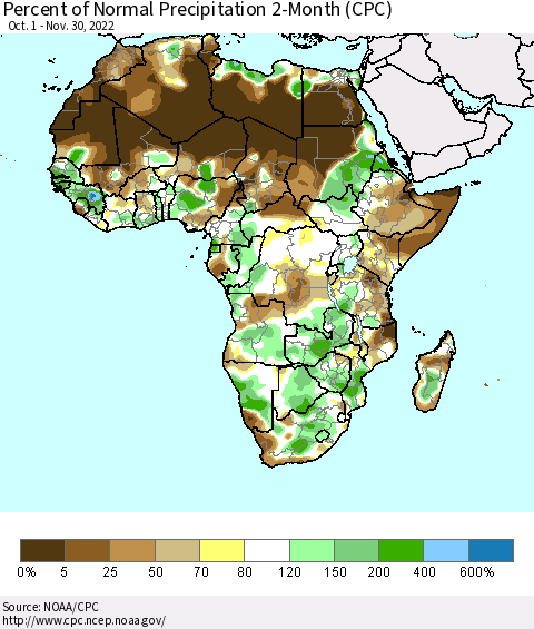 Africa Percent of Normal Precipitation 2-Month (CPC) Thematic Map For 10/1/2022 - 11/30/2022