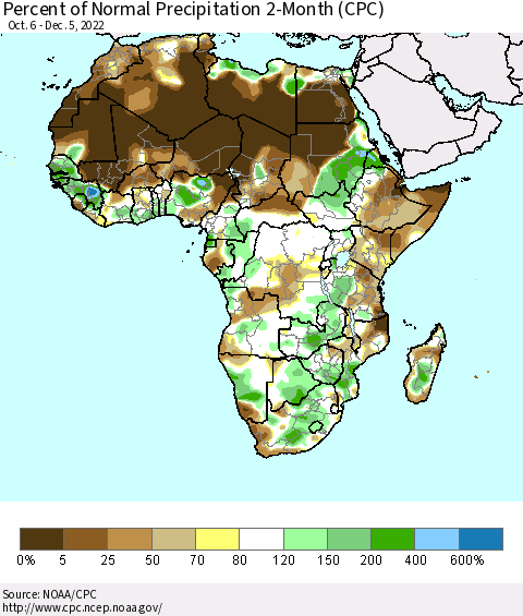 Africa Percent of Normal Precipitation 2-Month (CPC) Thematic Map For 10/6/2022 - 12/5/2022