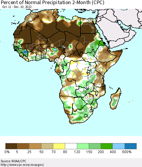 Africa Percent of Normal Precipitation 2-Month (CPC) Thematic Map For 10/11/2022 - 12/10/2022