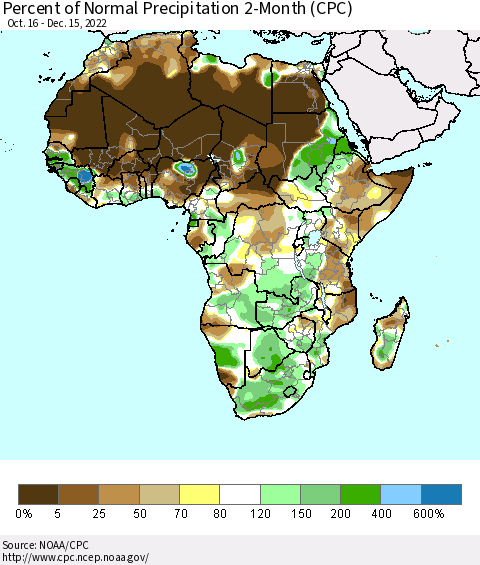 Africa Percent of Normal Precipitation 2-Month (CPC) Thematic Map For 10/16/2022 - 12/15/2022