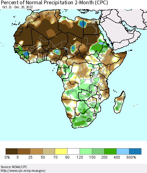 Africa Percent of Normal Precipitation 2-Month (CPC) Thematic Map For 10/21/2022 - 12/20/2022