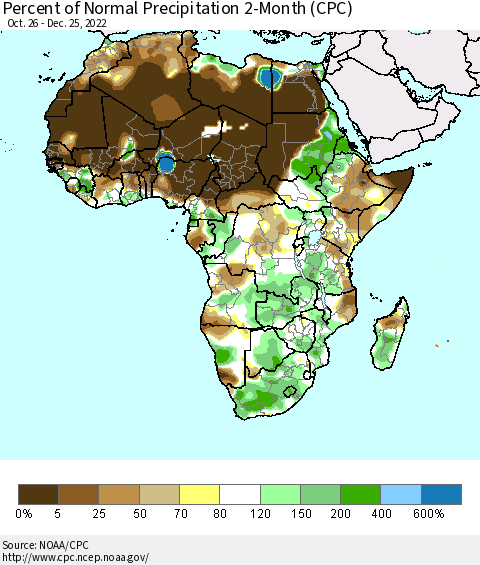 Africa Percent of Normal Precipitation 2-Month (CPC) Thematic Map For 10/26/2022 - 12/25/2022