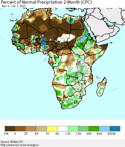 Africa Percent of Normal Precipitation 2-Month (CPC) Thematic Map For 11/6/2022 - 1/5/2023