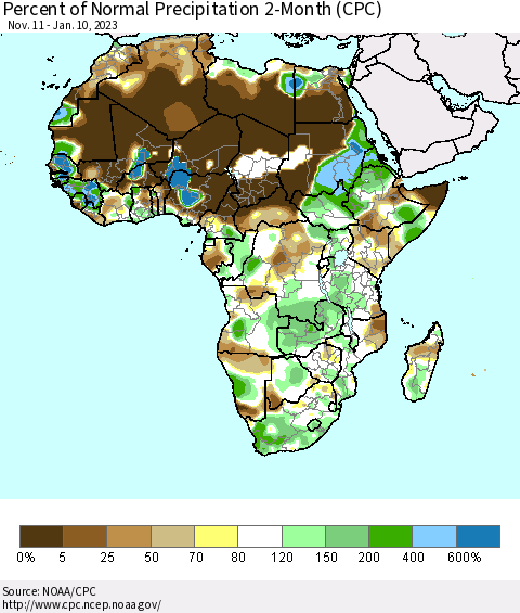 Africa Percent of Normal Precipitation 2-Month (CPC) Thematic Map For 11/11/2022 - 1/10/2023