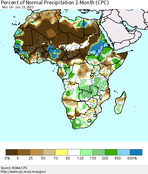 Africa Percent of Normal Precipitation 2-Month (CPC) Thematic Map For 11/16/2022 - 1/15/2023