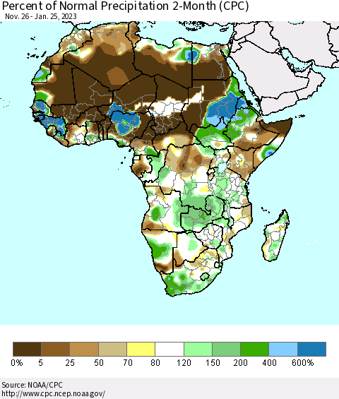 Africa Percent of Normal Precipitation 2-Month (CPC) Thematic Map For 11/26/2022 - 1/25/2023