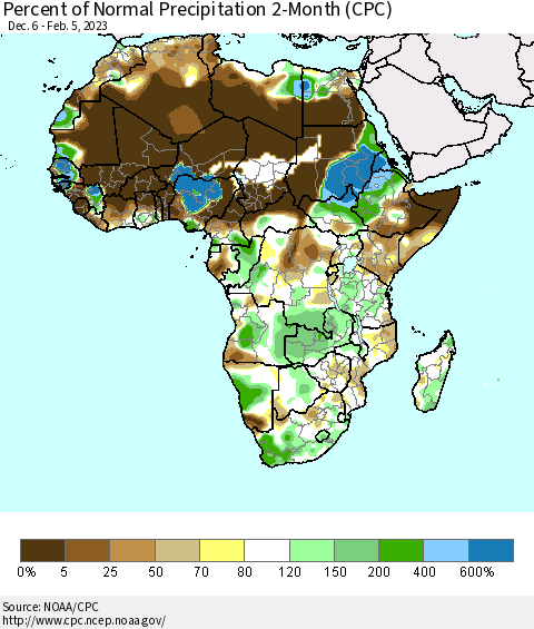 Africa Percent of Normal Precipitation 2-Month (CPC) Thematic Map For 12/6/2022 - 2/5/2023