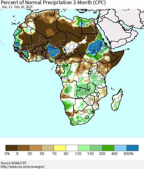 Africa Percent of Normal Precipitation 2-Month (CPC) Thematic Map For 12/11/2022 - 2/10/2023
