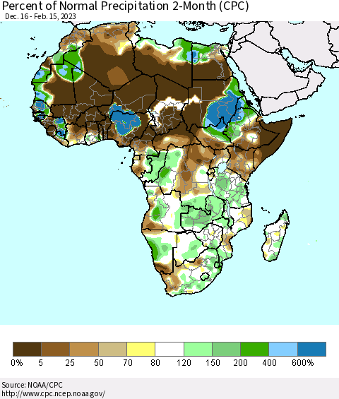 Africa Percent of Normal Precipitation 2-Month (CPC) Thematic Map For 12/16/2022 - 2/15/2023