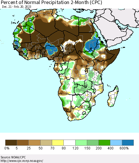 Africa Percent of Normal Precipitation 2-Month (CPC) Thematic Map For 12/21/2022 - 2/20/2023
