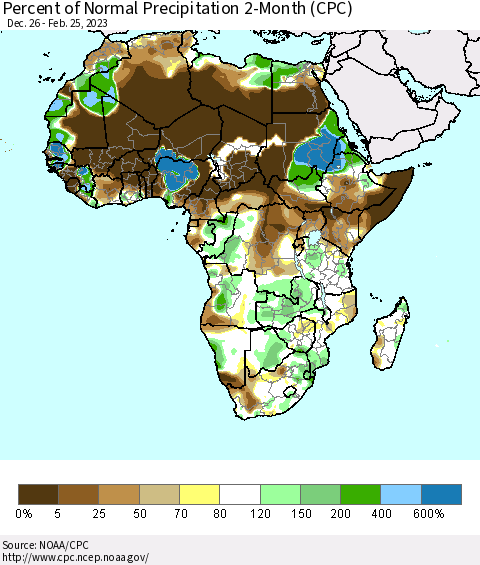 Africa Percent of Normal Precipitation 2-Month (CPC) Thematic Map For 12/26/2022 - 2/25/2023