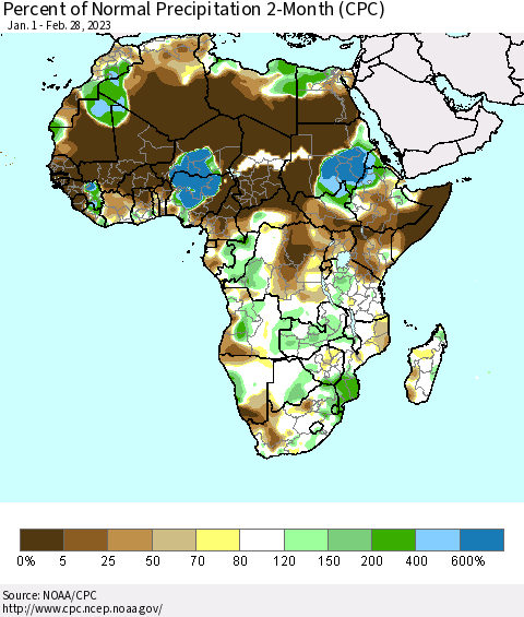 Africa Percent of Normal Precipitation 2-Month (CPC) Thematic Map For 1/1/2023 - 2/28/2023
