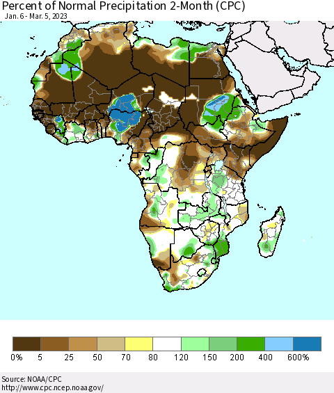 Africa Percent of Normal Precipitation 2-Month (CPC) Thematic Map For 1/6/2023 - 3/5/2023