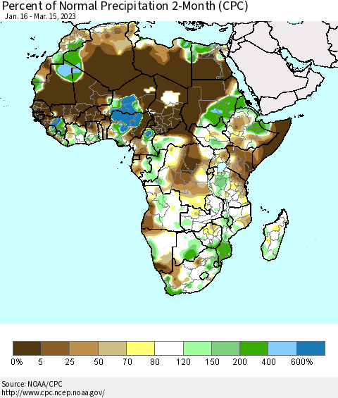 Africa Percent of Normal Precipitation 2-Month (CPC) Thematic Map For 1/16/2023 - 3/15/2023