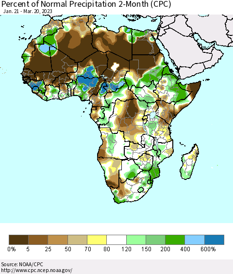 Africa Percent of Normal Precipitation 2-Month (CPC) Thematic Map For 1/21/2023 - 3/20/2023
