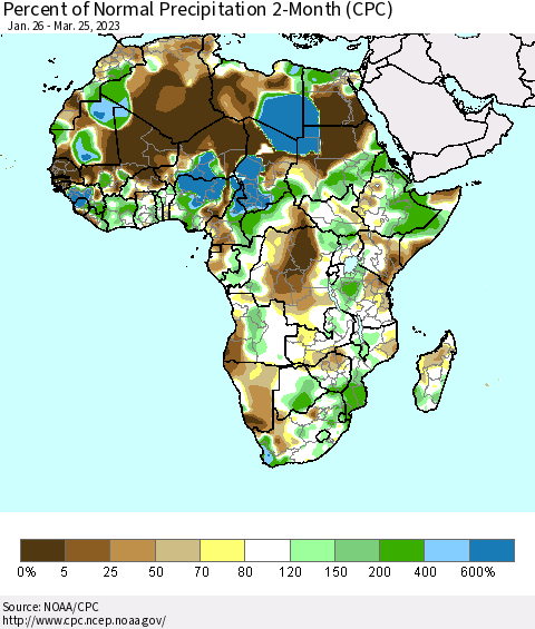 Africa Percent of Normal Precipitation 2-Month (CPC) Thematic Map For 1/26/2023 - 3/25/2023