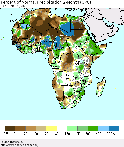 Africa Percent of Normal Precipitation 2-Month (CPC) Thematic Map For 2/1/2023 - 3/31/2023