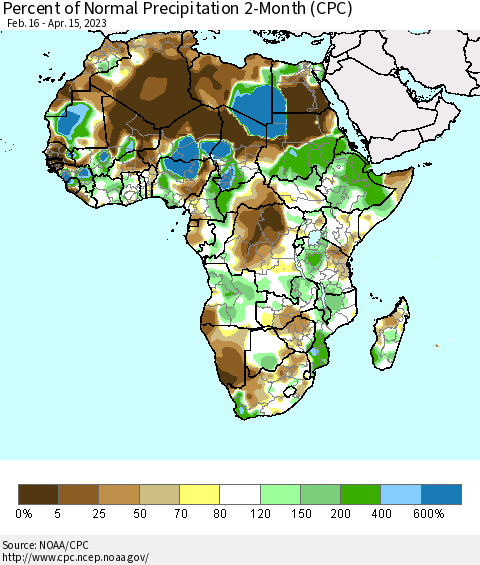Africa Percent of Normal Precipitation 2-Month (CPC) Thematic Map For 2/16/2023 - 4/15/2023