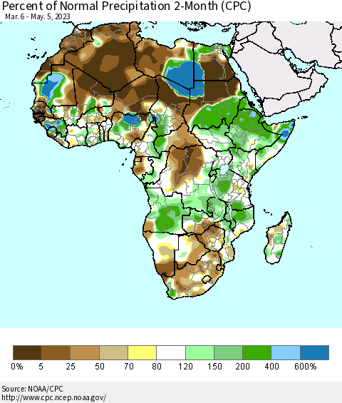 Africa Percent of Normal Precipitation 2-Month (CPC) Thematic Map For 3/6/2023 - 5/5/2023