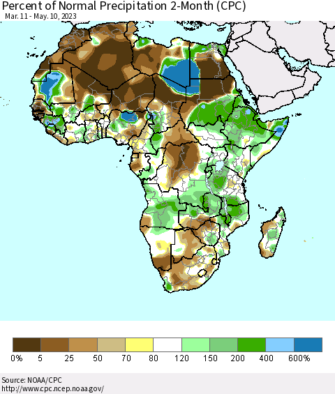 Africa Percent of Normal Precipitation 2-Month (CPC) Thematic Map For 3/11/2023 - 5/10/2023