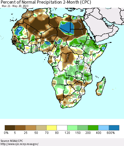 Africa Percent of Normal Precipitation 2-Month (CPC) Thematic Map For 3/21/2023 - 5/20/2023