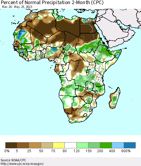 Africa Percent of Normal Precipitation 2-Month (CPC) Thematic Map For 3/26/2023 - 5/25/2023