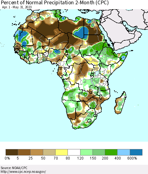 Africa Percent of Normal Precipitation 2-Month (CPC) Thematic Map For 4/1/2023 - 5/31/2023