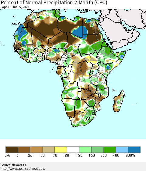 Africa Percent of Normal Precipitation 2-Month (CPC) Thematic Map For 4/6/2023 - 6/5/2023