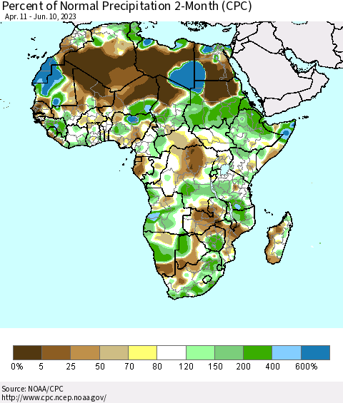 Africa Percent of Normal Precipitation 2-Month (CPC) Thematic Map For 4/11/2023 - 6/10/2023