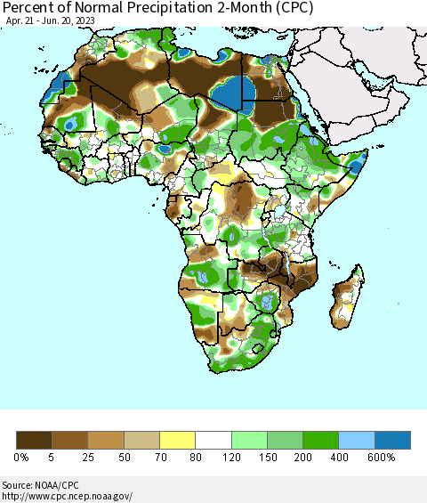 Africa Percent of Normal Precipitation 2-Month (CPC) Thematic Map For 4/21/2023 - 6/20/2023