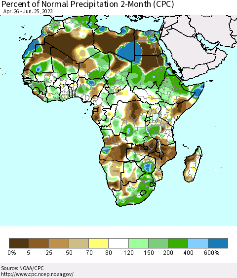 Africa Percent of Normal Precipitation 2-Month (CPC) Thematic Map For 4/26/2023 - 6/25/2023
