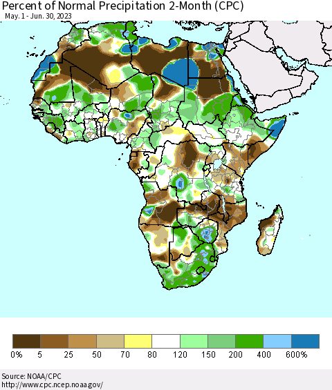 Africa Percent of Normal Precipitation 2-Month (CPC) Thematic Map For 5/1/2023 - 6/30/2023