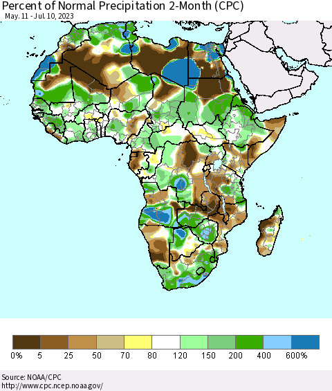 Africa Percent of Normal Precipitation 2-Month (CPC) Thematic Map For 5/11/2023 - 7/10/2023