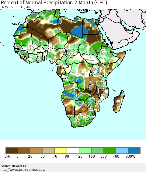 Africa Percent of Normal Precipitation 2-Month (CPC) Thematic Map For 5/16/2023 - 7/15/2023