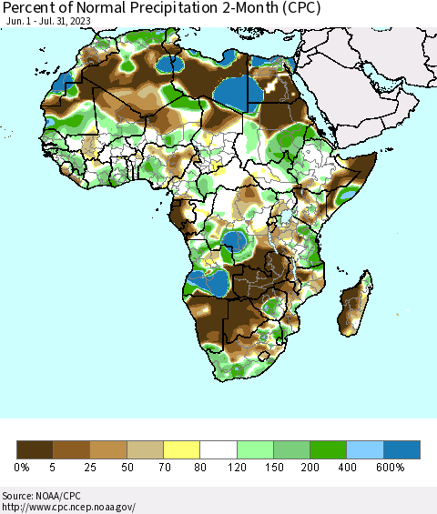 Africa Percent of Normal Precipitation 2-Month (CPC) Thematic Map For 6/1/2023 - 7/31/2023