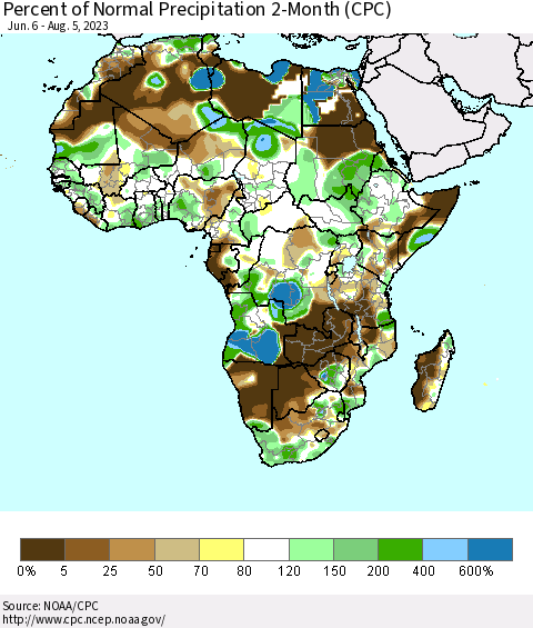 Africa Percent of Normal Precipitation 2-Month (CPC) Thematic Map For 6/6/2023 - 8/5/2023