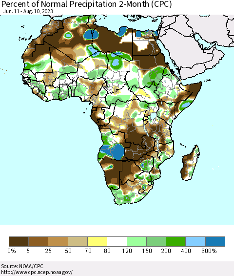 Africa Percent of Normal Precipitation 2-Month (CPC) Thematic Map For 6/11/2023 - 8/10/2023