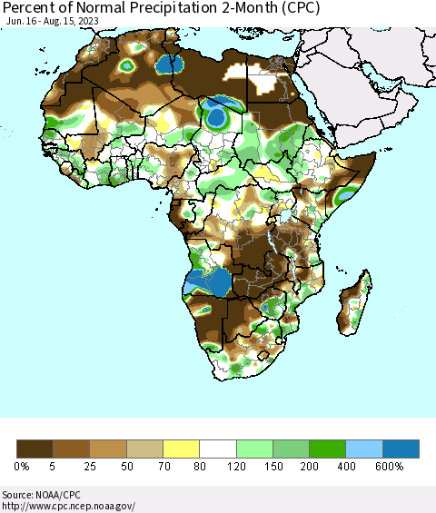 Africa Percent of Normal Precipitation 2-Month (CPC) Thematic Map For 6/16/2023 - 8/15/2023