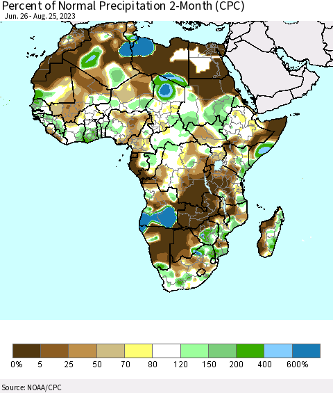 Africa Percent of Normal Precipitation 2-Month (CPC) Thematic Map For 6/26/2023 - 8/25/2023